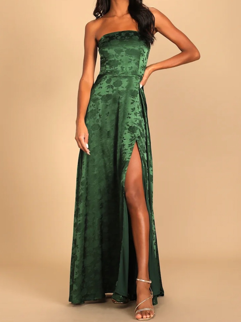 Lulus Made to Marvel Emerald Green Satin Jacquard Strapless Maxi Dress | Large